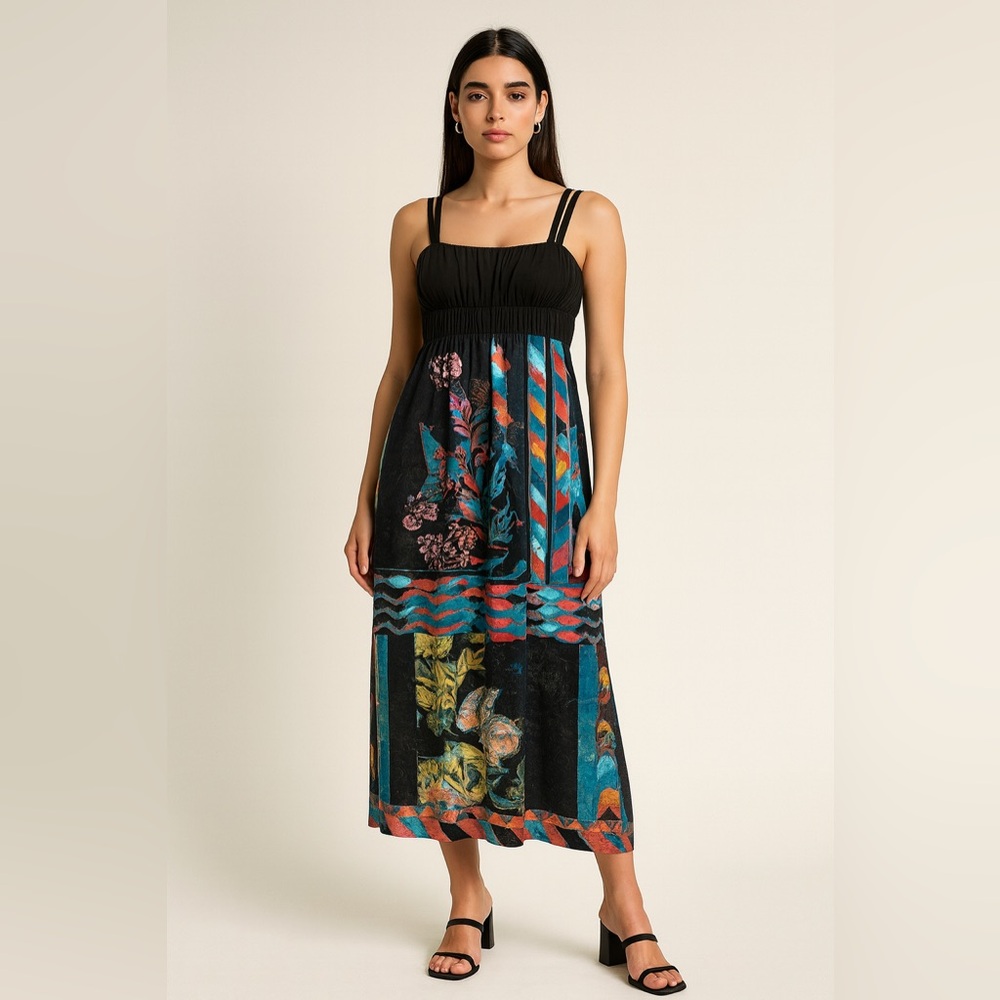 Save The Queen Black Maxi Dress with Silk Abstract Design - Size Large